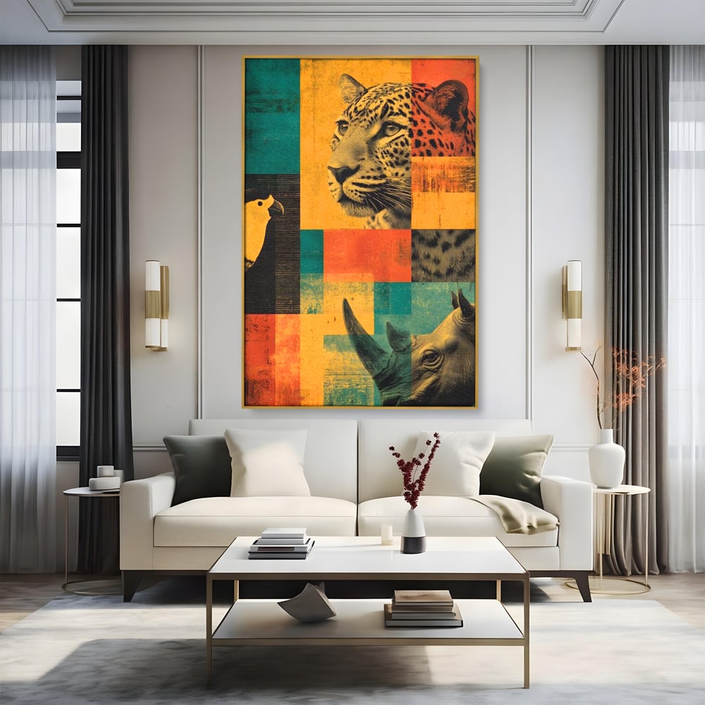 Tablou canvas cu tablou vertical cu leopard si rinocer, in rama de aluminiu auriu, pe perete intr-un living